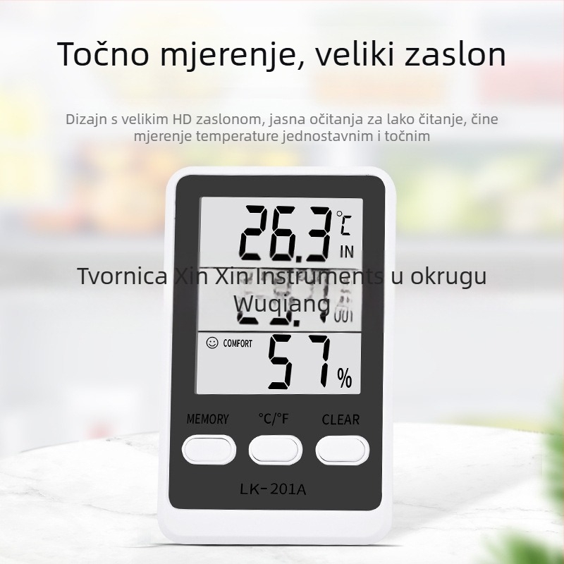 Elektronički termometar-higrometar za unutarnju i komercijalnu upotrebu; mjeri temperaturu i vlagu; pogodan za hladnjak, zamrzivač, akvarij i uzgojna okruženja; napajanje baterijama