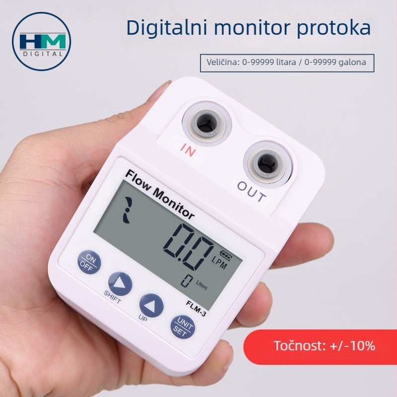 Trickle prijenosni digitalni mjerni uređaj za protok vode s automatskim alarmom — raspon mjerenja 0–99999 L / 0–99999 galona