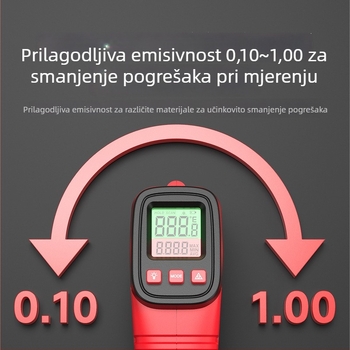 Ručni infracrveni termometar, nekontaktni s laserskim usmjeravanjem, napajanje s dvije AAA baterije, odziv 500 ms, za industrijsku upotrebu