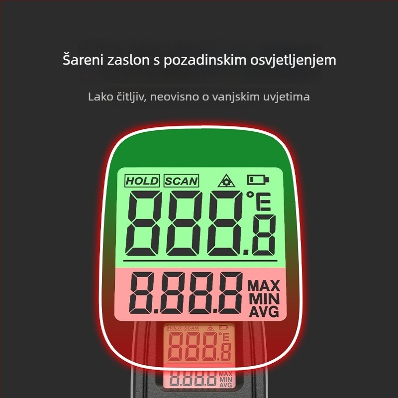 Ručni infracrveni termometar, nekontaktni s laserskim usmjeravanjem, napajanje s dvije AAA baterije, odziv 500 ms, za industrijsku upotrebu