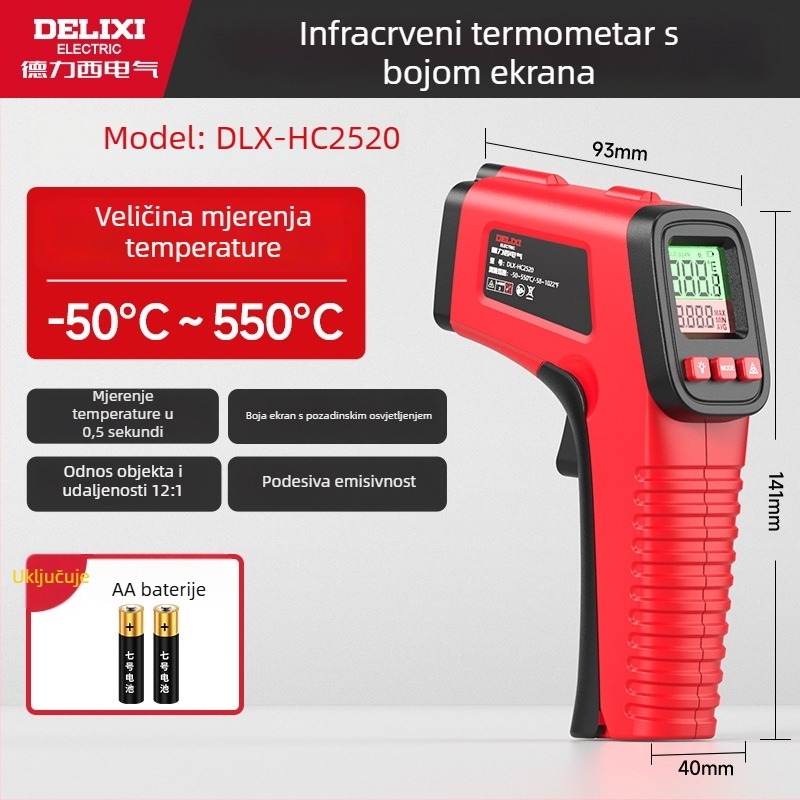 Ručni infracrveni termometar, nekontaktni s laserskim usmjeravanjem, napajanje s dvije AAA baterije, odziv 500 ms, za industrijsku upotrebu