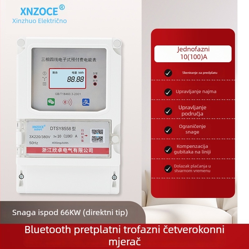 Xinzhuo Inteligentni predplaćeni elektromjer s očitanjem QR koda, 4G daljinsko očitanje, Bluetooth, jednofazni, za kuće u najmu