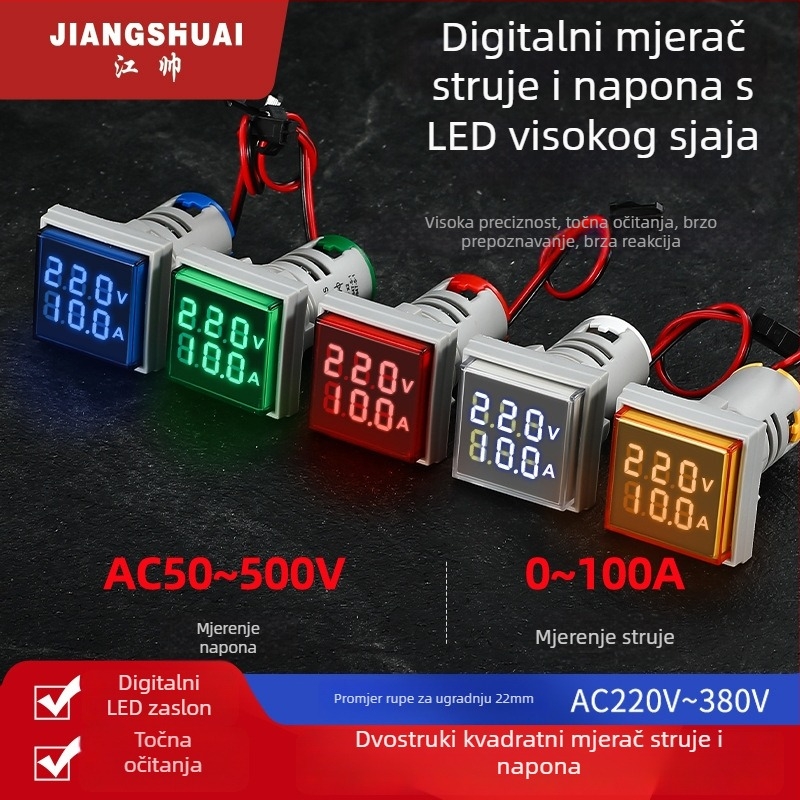 AD16-22VAMS mjerac napona i struje s dvostrukim prikazom, digitalni cijevni zaslon, raspon 50-500V, visoka preciznost, otvor za ugradnju 22 mm