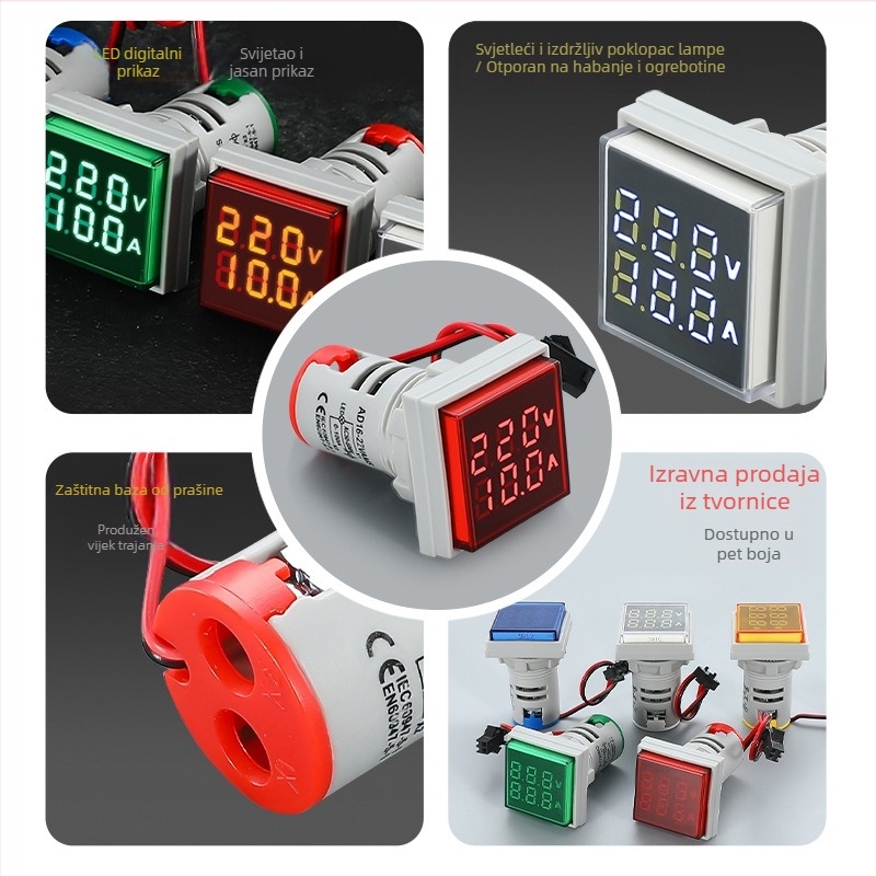AD16-22VAMS mjerac napona i struje s dvostrukim prikazom, digitalni cijevni zaslon, raspon 50-500V, visoka preciznost, otvor za ugradnju 22 mm