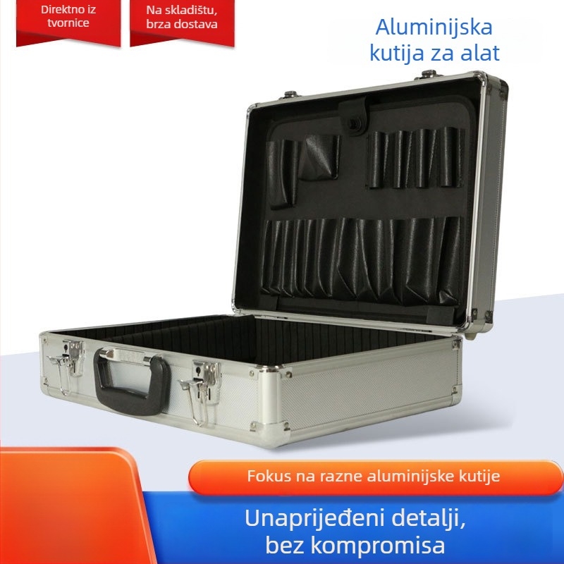 Kutija alata - okvir od aluminijske legure, ABS film površina, unutarnja podstava EVA, pearl cotton i spužva; vanjske dimenzije 456×325×144 mm; nosivost 5 kg
