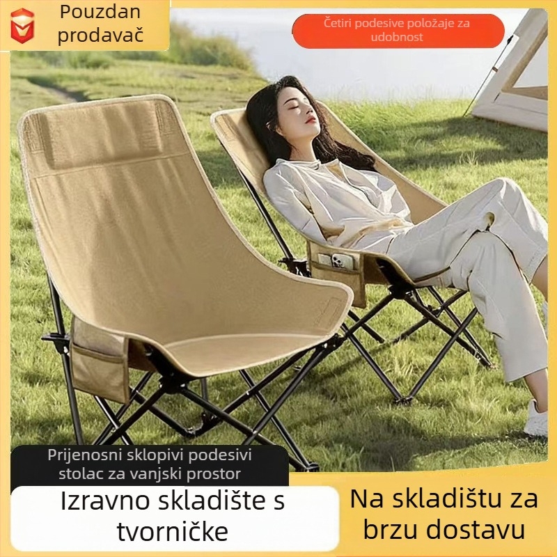 Sklopiva kamping stolica s visokim naslonom, prilagodljiva u četiri položaja, okvir od karbonskog čelika, pogodna za skiciranje na otvorenom