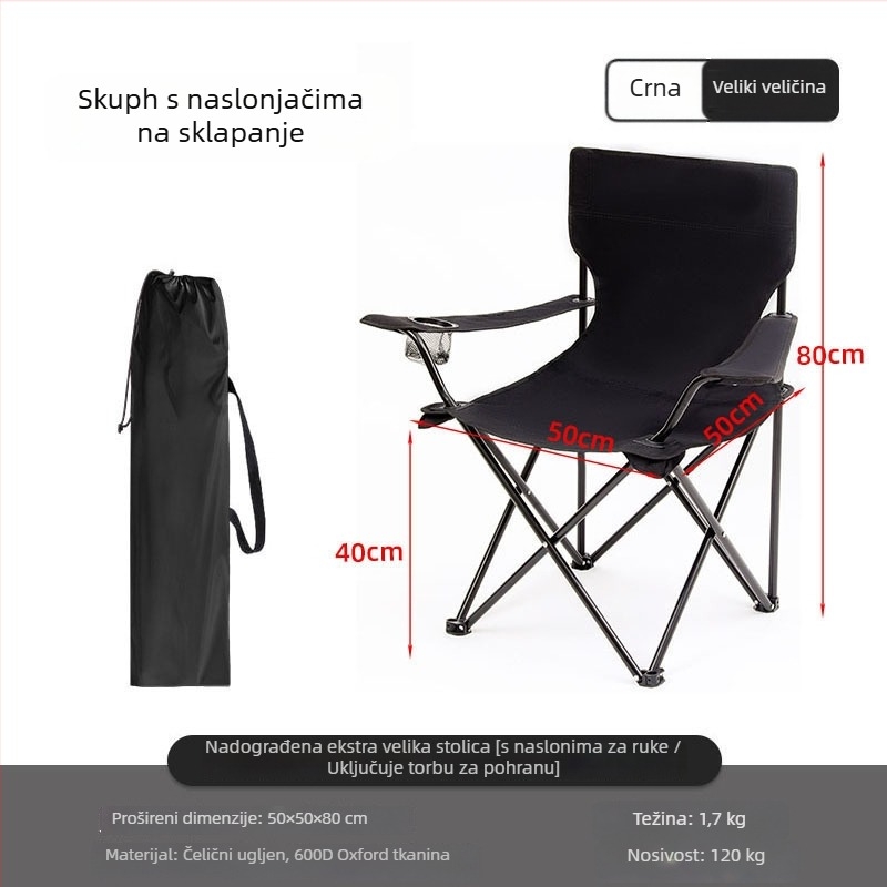 Sklopiva vanjska stolica s naslonom, direktor-stil, od karbonskog čelika, za kampiranje i plažu