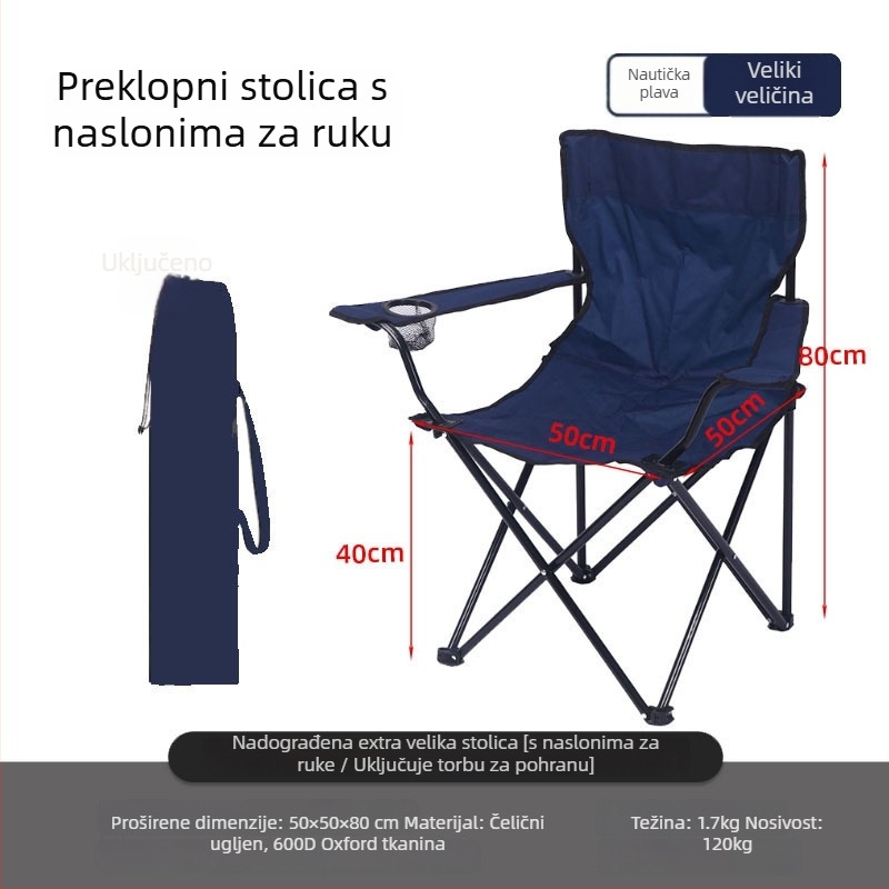 Sklopiva vanjska stolica s naslonom, direktor-stil, od karbonskog čelika, za kampiranje i plažu