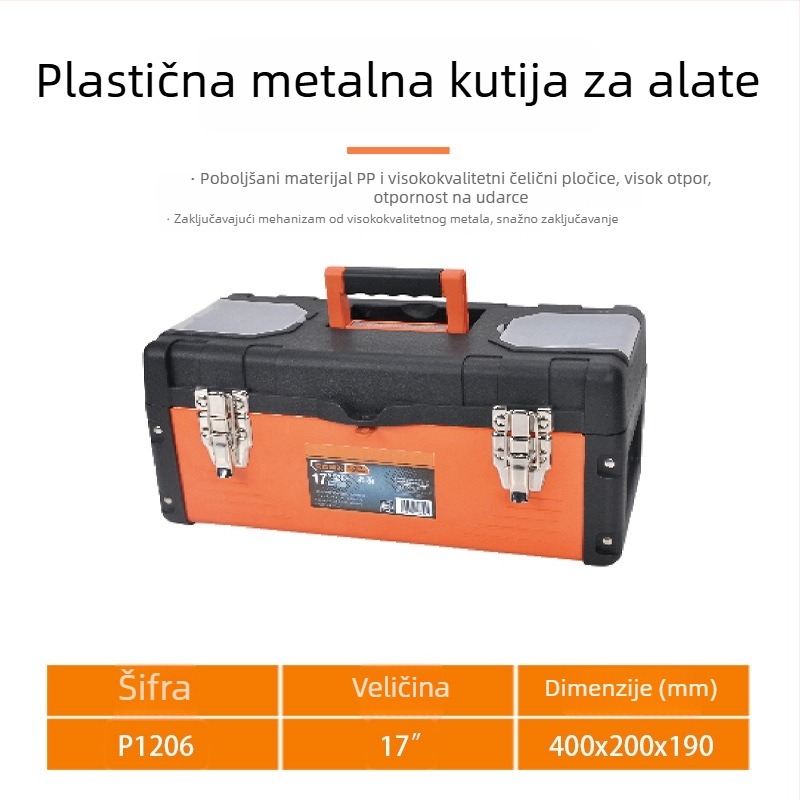 Prenosna kutija za alate za električare i mehaničare s PP kućištem, PP oblogom i pločom od hladno valjanog čelika; nosivost 50
