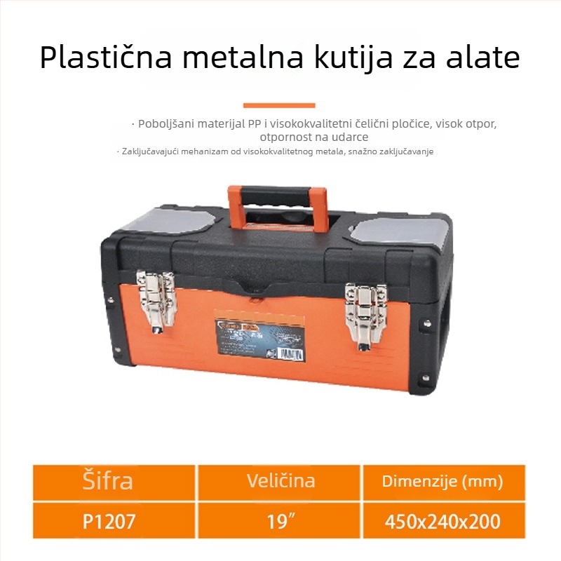 Prenosna kutija za alate za električare i mehaničare s PP kućištem, PP oblogom i pločom od hladno valjanog čelika; nosivost 50