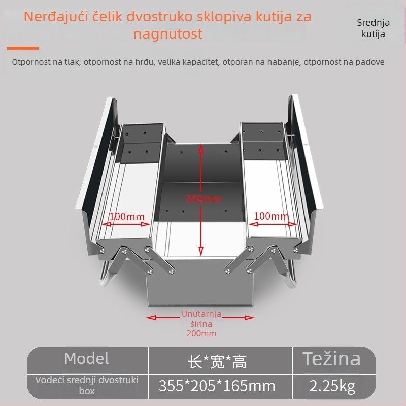 Kutija za alate od nehrđajućeg čelika, sklopiva, s dvostrukim slojem dizajna školjke, metalna prenosna kutija za pohranu