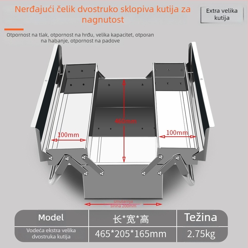 Kutija za alate od nehrđajućeg čelika, sklopiva, s dvostrukim slojem dizajna školjke, metalna prenosna kutija za pohranu