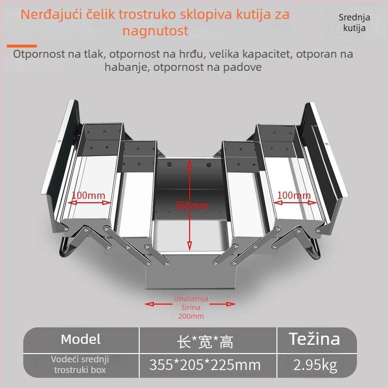 Kutija za alate od nehrđajućeg čelika, sklopiva, s dvostrukim slojem dizajna školjke, metalna prenosna kutija za pohranu