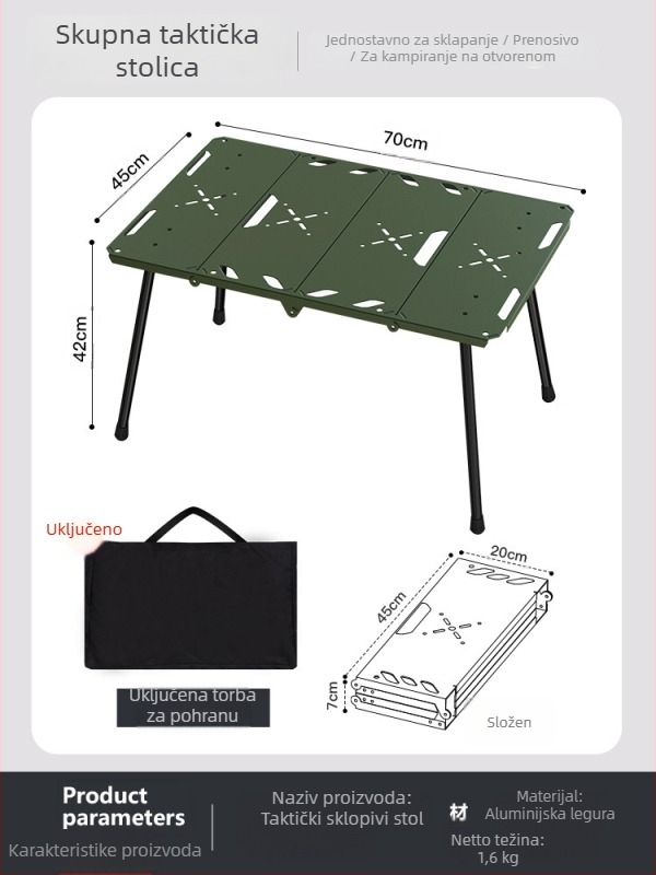Sklopivi stol za kampiranje, aluminijska legura, taktički stil