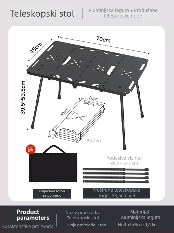 Sklopivi stol za kampiranje, aluminijska legura, taktički stil