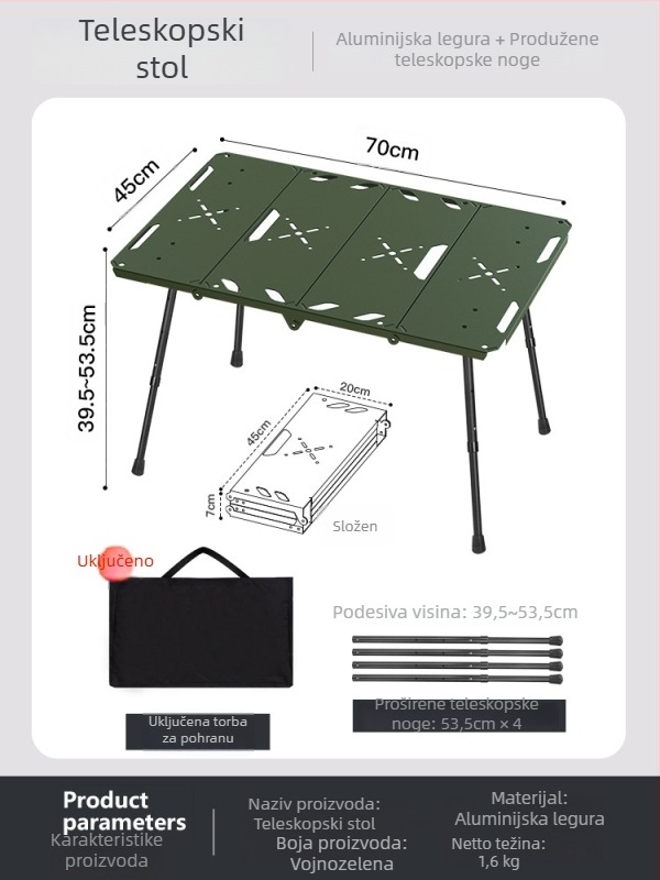Sklopivi stol za kampiranje, aluminijska legura, taktički stil