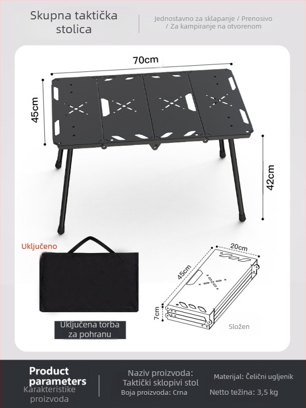 Sklopivi stol za kampiranje, aluminijska legura, taktički stil