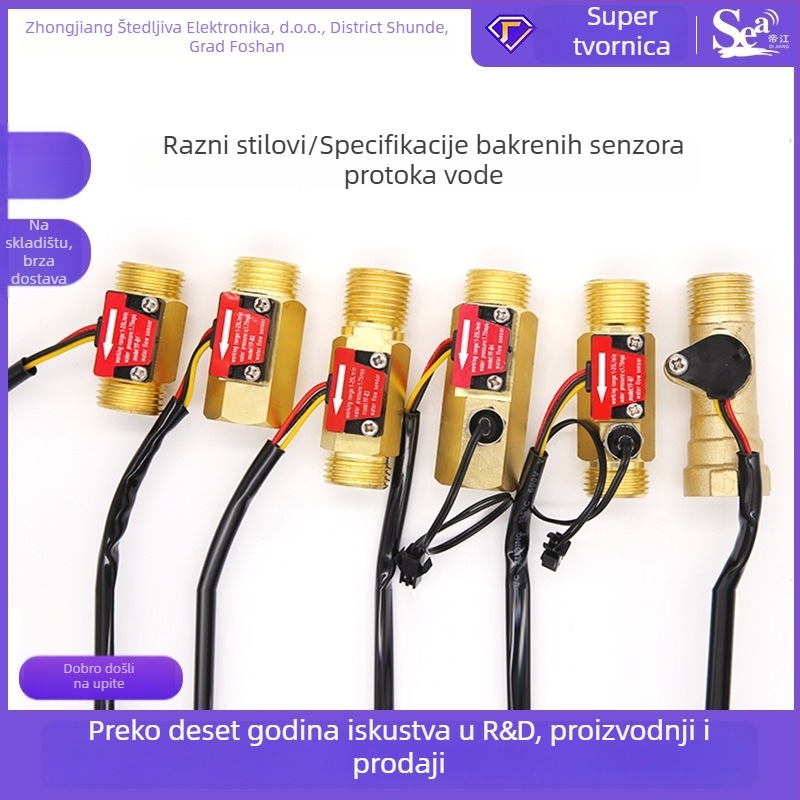 Hall-efekt senzor protoka vode, bakreno tijelo 1/2 in, bakrena priključnica 3/4 in, turbinski mjerač protoka, raspon 1-25 L/min