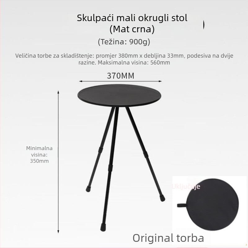 Prenosni kamping stol s podesivom visinom, okruglom ABS plohom i sklopivim trojnožnim nogama