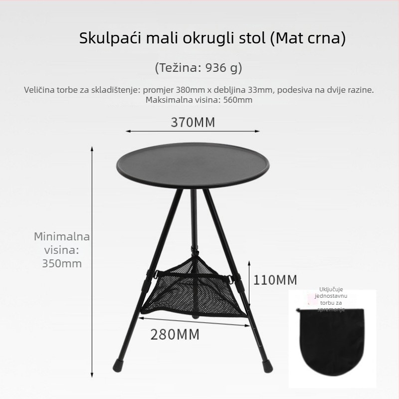 Prenosni kamping stol s podesivom visinom, okruglom ABS plohom i sklopivim trojnožnim nogama