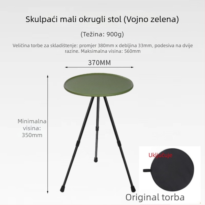 Prenosni kamping stol s podesivom visinom, okruglom ABS plohom i sklopivim trojnožnim nogama