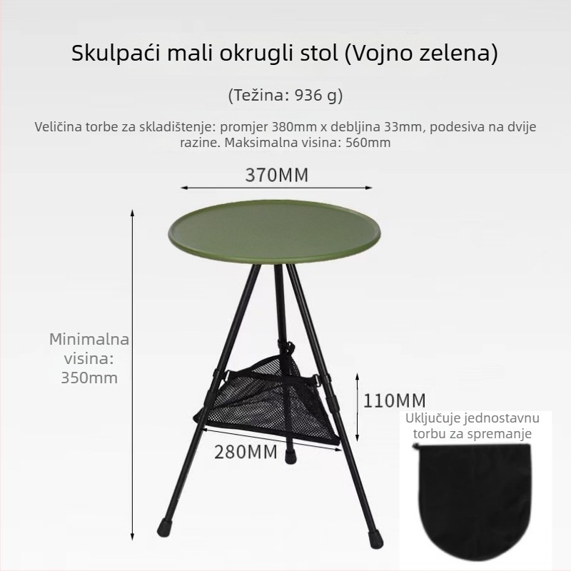 Prenosni kamping stol s podesivom visinom, okruglom ABS plohom i sklopivim trojnožnim nogama