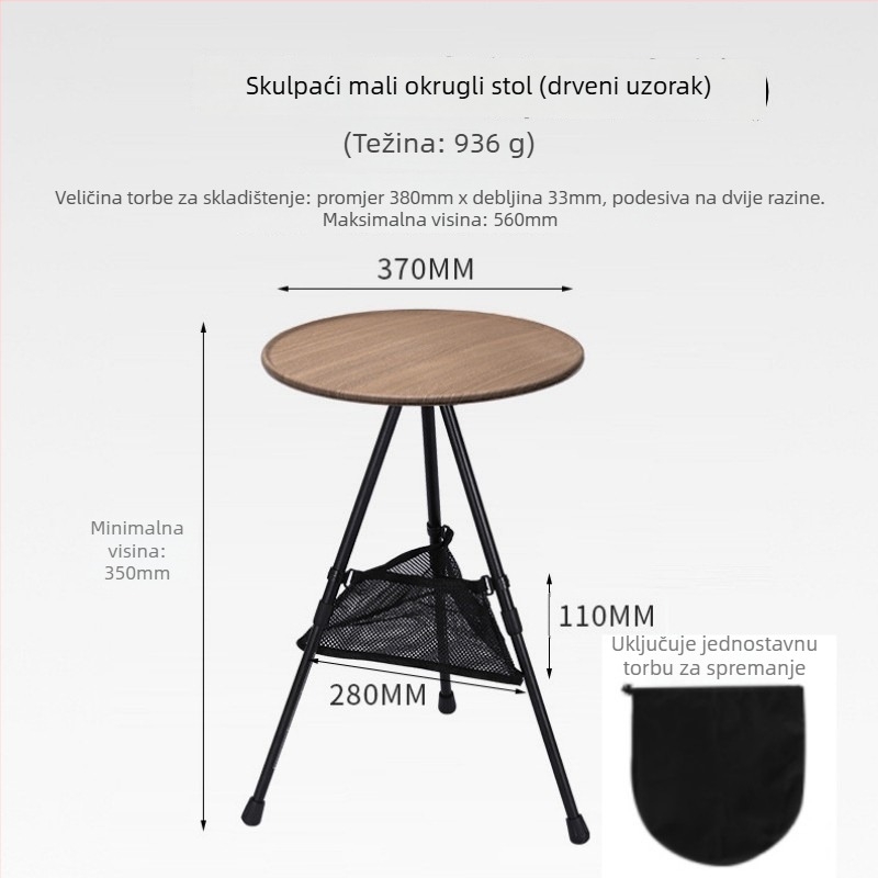 Prenosni kamping stol s podesivom visinom, okruglom ABS plohom i sklopivim trojnožnim nogama