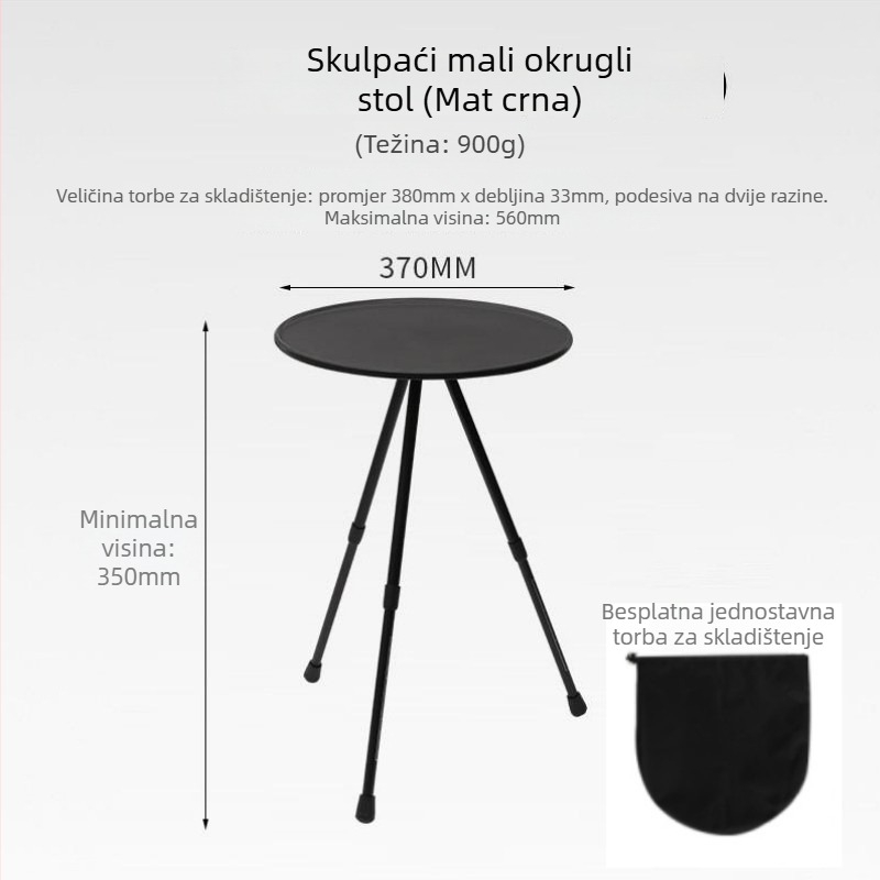 Prenosni kamping stol s podesivom visinom, okruglom ABS plohom i sklopivim trojnožnim nogama