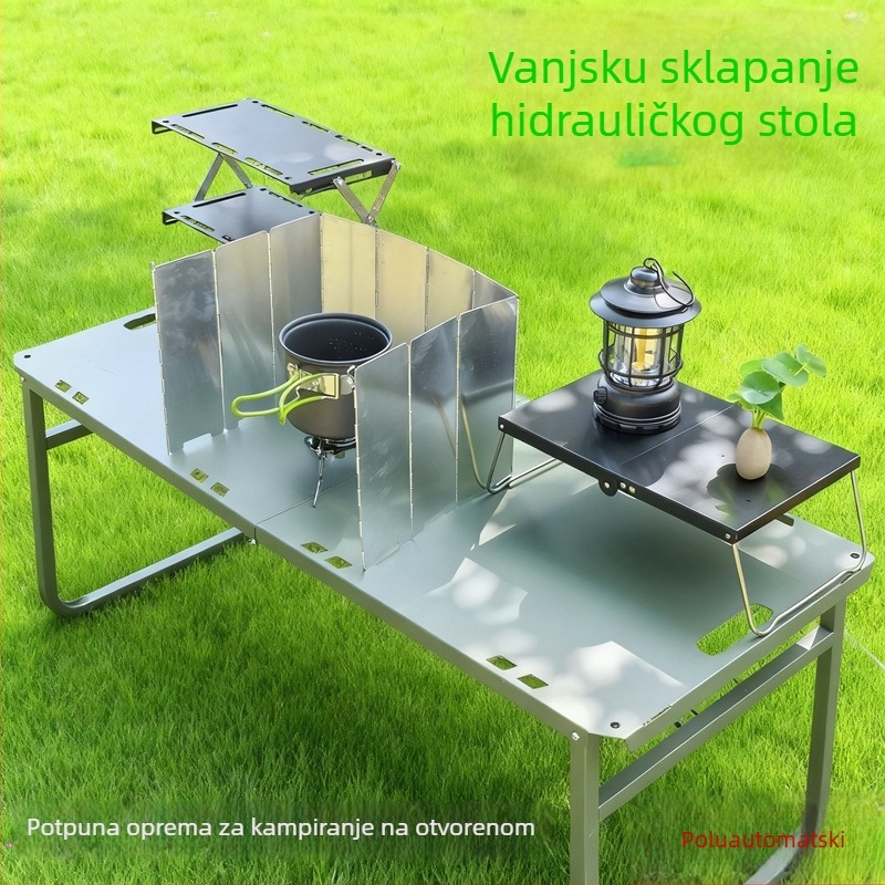 Vanjski hidraulični sklopivi kamp stol s štitnikom od vjetra i podrškom za štednjak, prijenosni; materijali: aluminijska legura, željezo, karbonsko čelično