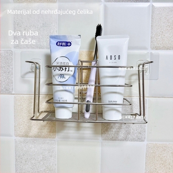 Držač četkica za zube od nehrđajućeg čelika, zidni bez bušenja, set s čašom za vodu za ispiranje i 4 pretinca za četkice