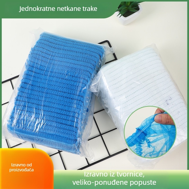 Jednokratna kapa za kosu od netkanog materijala s trakom, higijenska zaštita od prašine i ispadanja kose, tuš kapa s dvostruko ojačanim kupolom; Materijal: netkani materijal; Težina: oko 2,7 g; Jednokratna: Da; Personalizacija ispisa: Da; Privatna oznaka: 