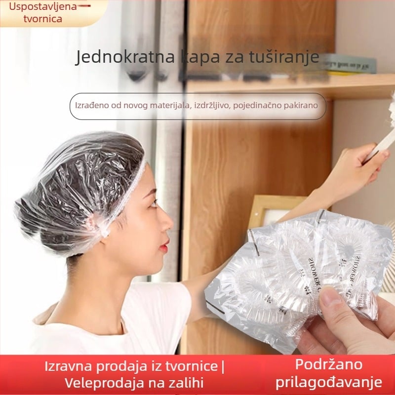 Jednokratna PE kapa za tuširanje, prozirna plastika, vodootporna, debela traka, 100 pojedinačno pakiranih