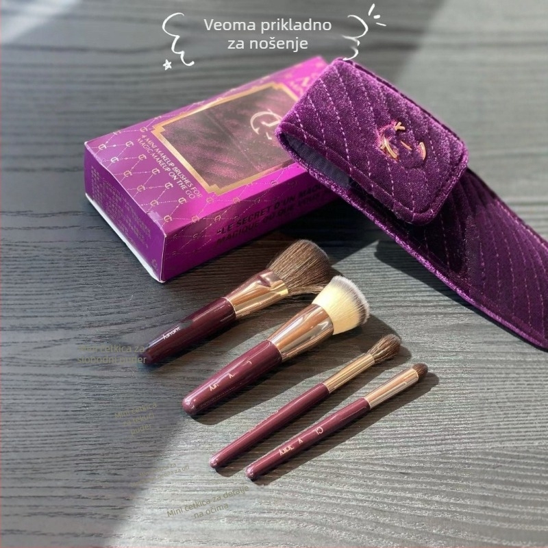 Četkica za puder - 4-djelni set, vlakna od svileno-nylon vlakana, prijenosna drška, pakirano u vrećicu