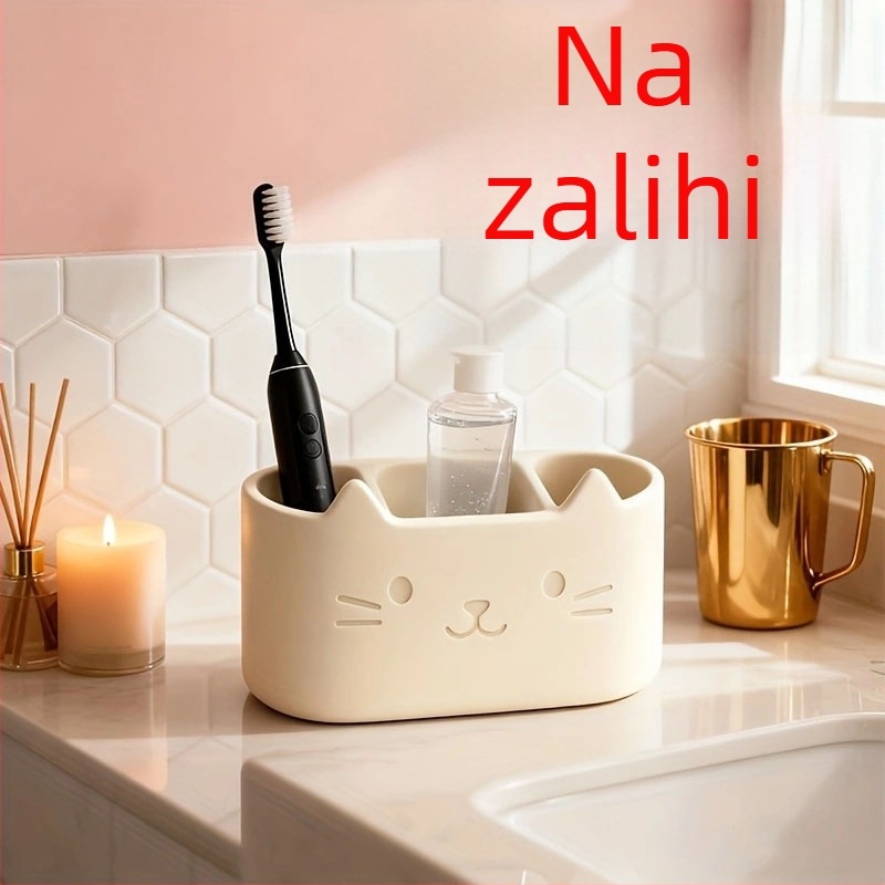 Držač četkice za zube s motivom mačke, 3 pretinca, odvodna polica za kupaonske potrepštine i pohranu paste za zube, dekorativni stolni dodatak za kupaonicu