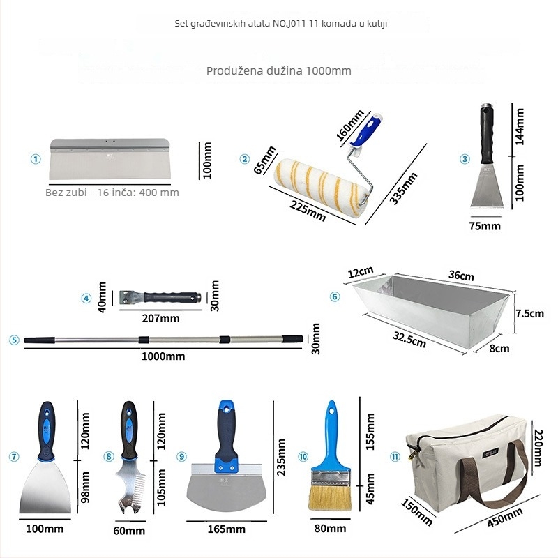 Nerezani set zidarskih alata: lopatica za mort, kutija za cement, podni škrabac, valjak za bojenje