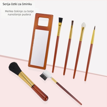 Set kozmetičkih alata s četkom za puder, alatom za usne, kliješta za nokte, trimer za obrve i četkom za čišćenje; materijali: PS, PVC, 2Cr13, nehrđajući čelik, aluminij; OEM; neto masa 240 g; pakiranje 60 komada