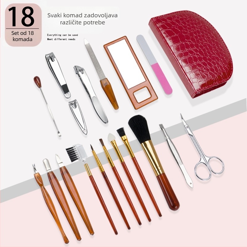 Set kozmetičkih alata s četkom za puder, alatom za usne, kliješta za nokte, trimer za obrve i četkom za čišćenje; materijali: PS, PVC, 2Cr13, nehrđajući čelik, aluminij; OEM; neto masa 240 g; pakiranje 60 komada