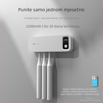 Sterilizator za pohranu četkica za zube s UV dezinfekcijom i sušenjem, zidni, bez bušenja, ABS kućište, inteligentne značajke, 200 s dezinfekcije, 2,5 W