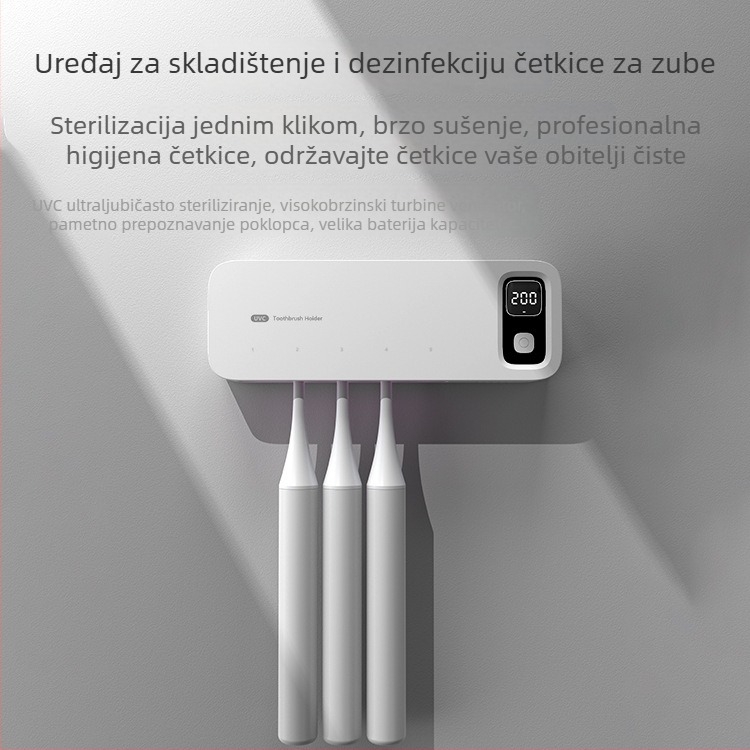 Sterilizator za pohranu četkica za zube s UV dezinfekcijom i sušenjem, zidni, bez bušenja, ABS kućište, inteligentne značajke, 200 s dezinfekcije, 2,5 W