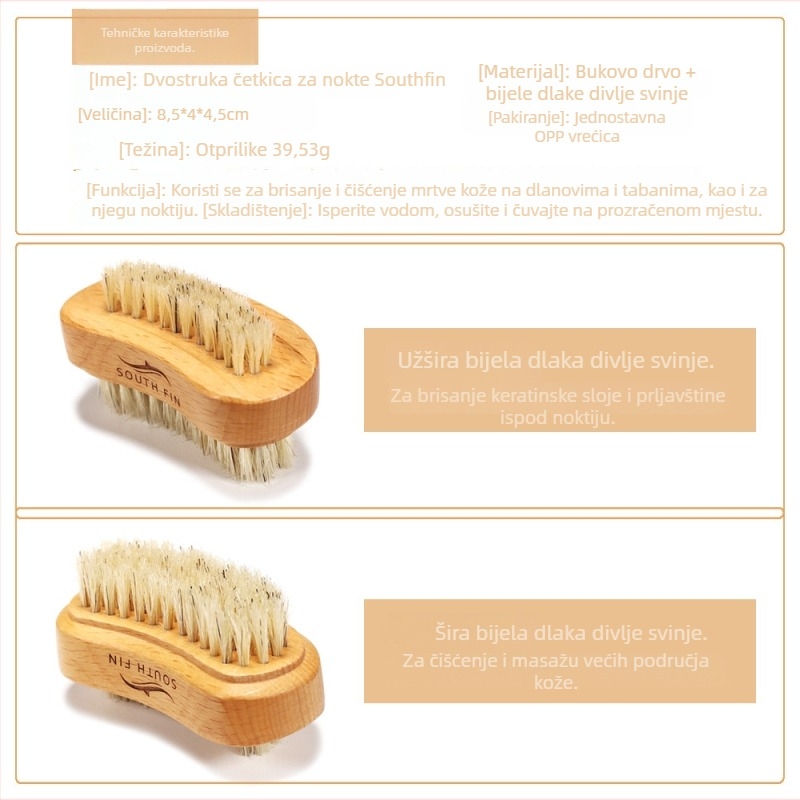 MECAFEE četkica za nokte - dvostruka, drška od bukove drveta, bijele dlačice, široki i uski vrhovi, 40 g neto sadržaj