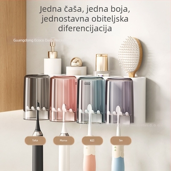 Zidni držač četkice za zube s držačem za čašu, bez bušenja, PET materijal, 4–8 mjesta za četkice
