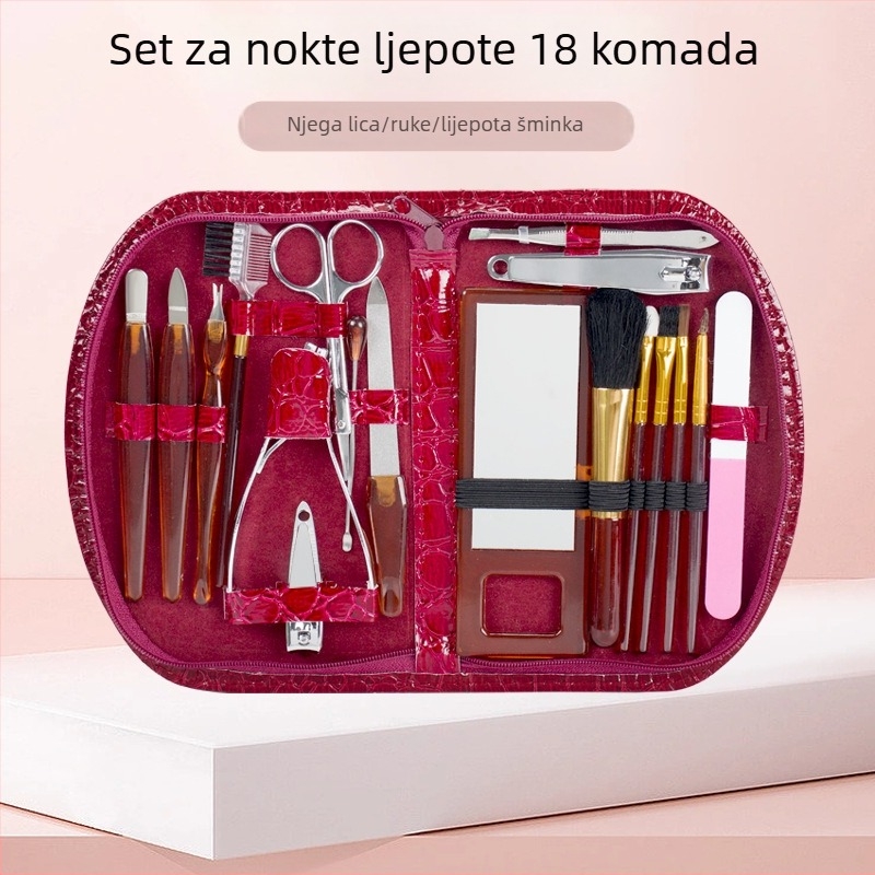 Set alata za šminku i njegu noktiju: četkice za šminku, alati za usne, alat za podrezivanje obrva i kliješte za nokte; marka Yingqi; porijeklo Guangdong; neto masa 240 g; materijali PS, PVC, 2Cr13, nehrđajući čelik, aluminij; OEM