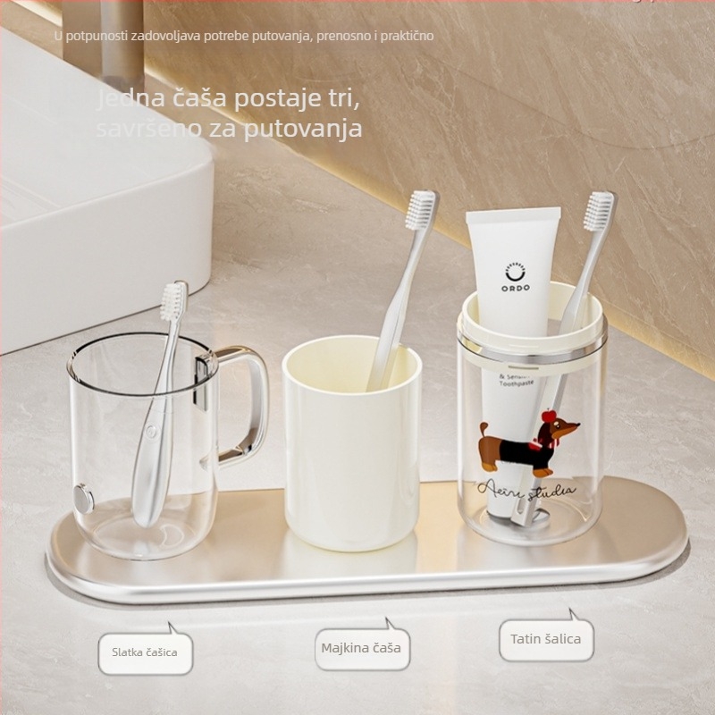 Plastični 3-u-1 držač za četkice za zube s čašom za ispiranje, prenosni set za obitelj od tri, crtani stil, kompaktni putni set