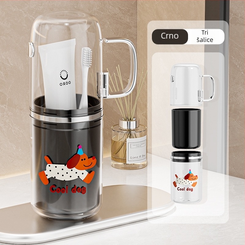 Plastični 3-u-1 držač za četkice za zube s čašom za ispiranje, prenosni set za obitelj od tri, crtani stil, kompaktni putni set