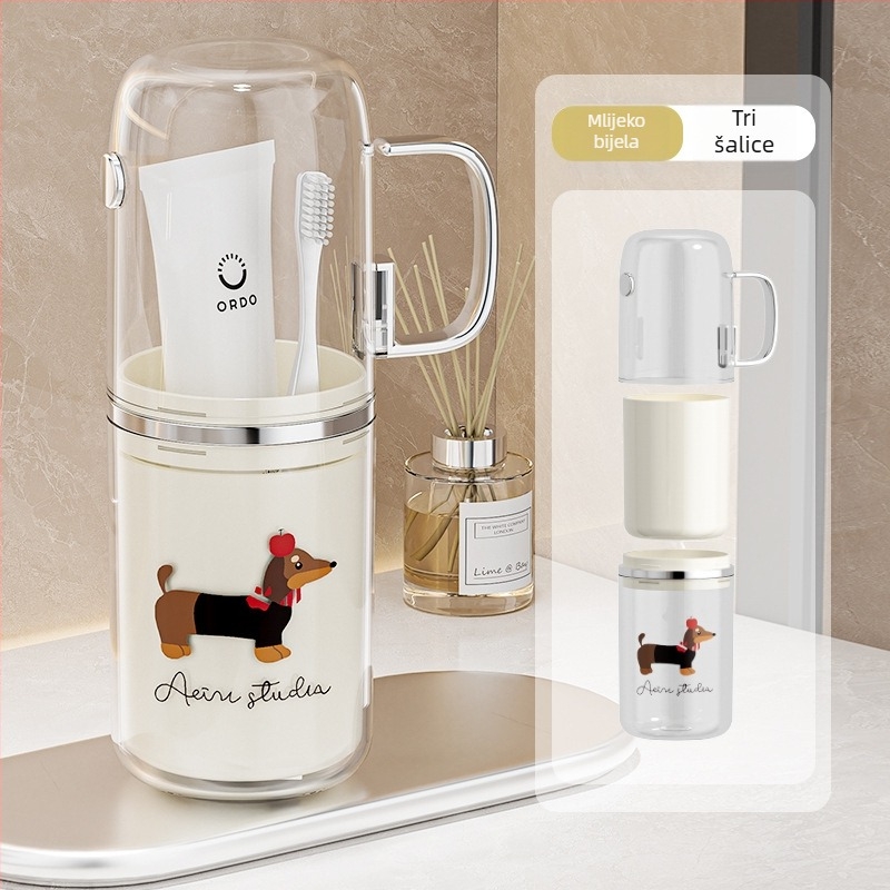 Plastični 3-u-1 držač za četkice za zube s čašom za ispiranje, prenosni set za obitelj od tri, crtani stil, kompaktni putni set