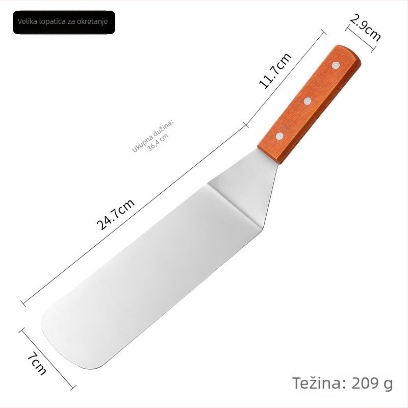 Teppanyaki špatula od nehrđajućeg čelika s drškom od drveta — 420 nehrđajućeg čelika; protuklizna, otpornost na visoke temperature, zaštita od opeklina; pogodno za teppanyaki i burger spatulu