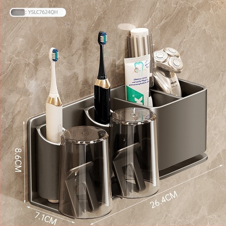 Držač za četkicu za zube, zidni, bez bušenja, držač za čašu za usta i ispiranje, od Space aluminija i ABS-a, ugrađeni sustav