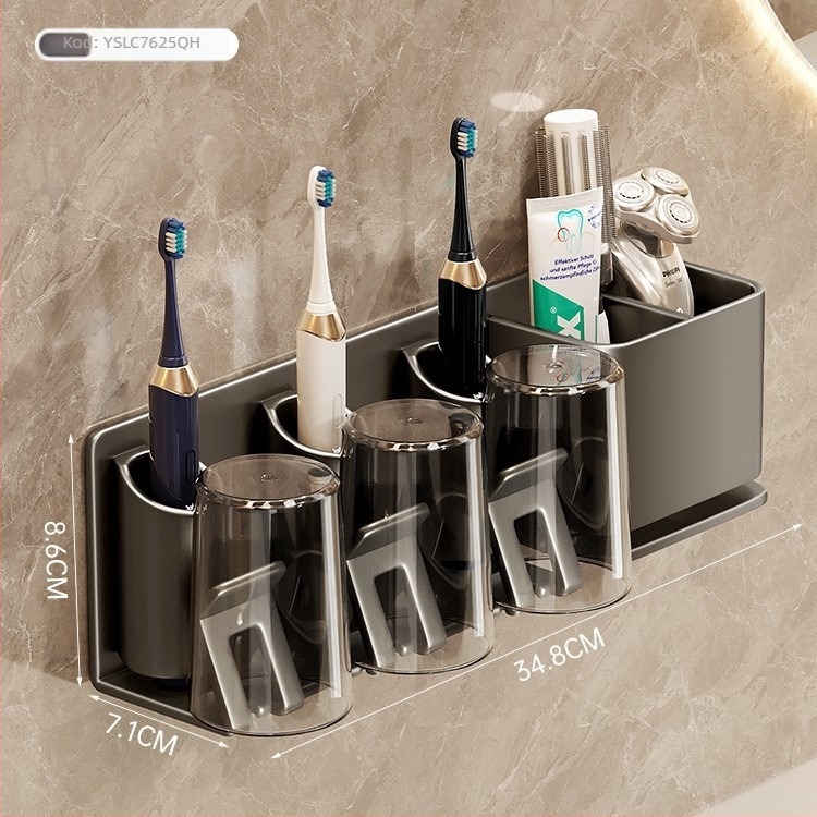 Držač za četkicu za zube, zidni, bez bušenja, držač za čašu za usta i ispiranje, od Space aluminija i ABS-a, ugrađeni sustav
