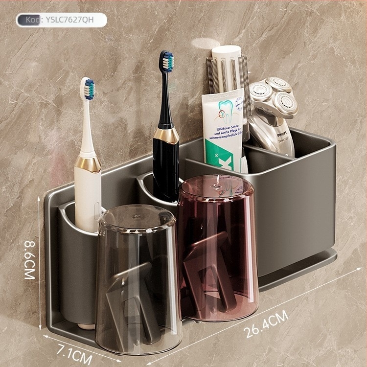 Držač za četkicu za zube, zidni, bez bušenja, držač za čašu za usta i ispiranje, od Space aluminija i ABS-a, ugrađeni sustav