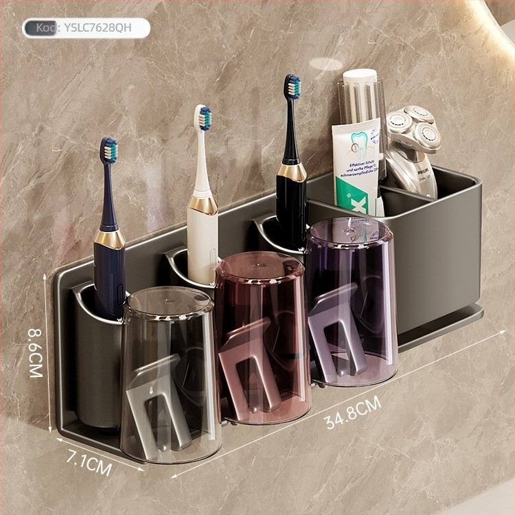 Držač za četkicu za zube, zidni, bez bušenja, držač za čašu za usta i ispiranje, od Space aluminija i ABS-a, ugrađeni sustav